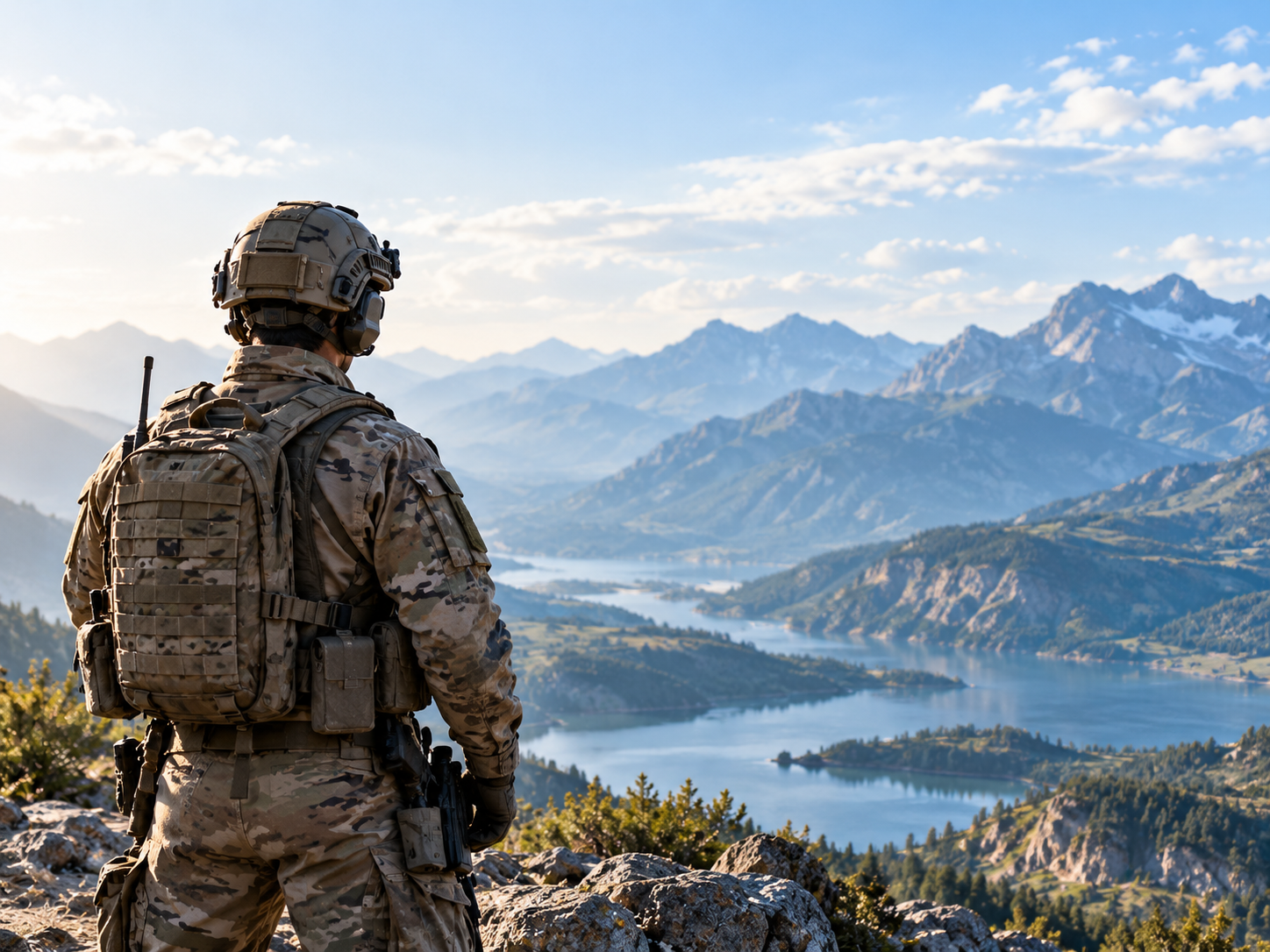 Defense operator overlooking a mountain landscape